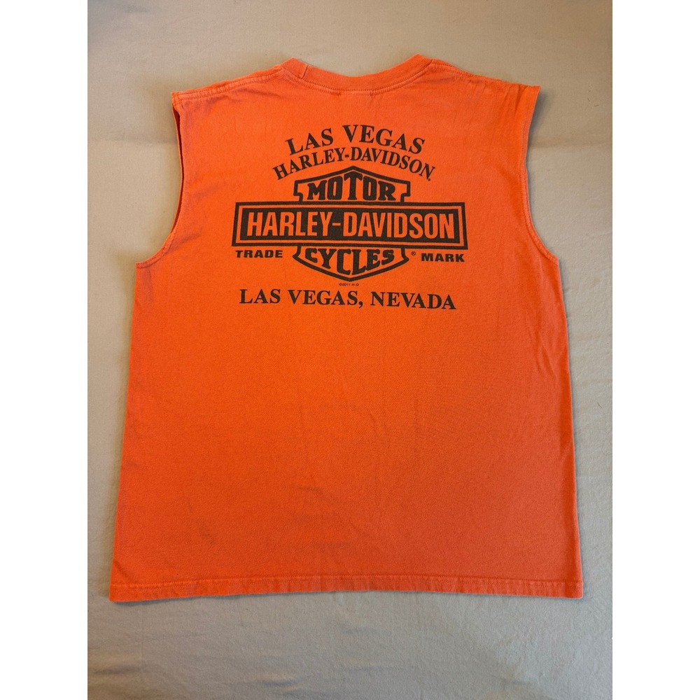 Harley Davidson Orange Cotton Graphic Tank top Men's Large Las Vegas Biker